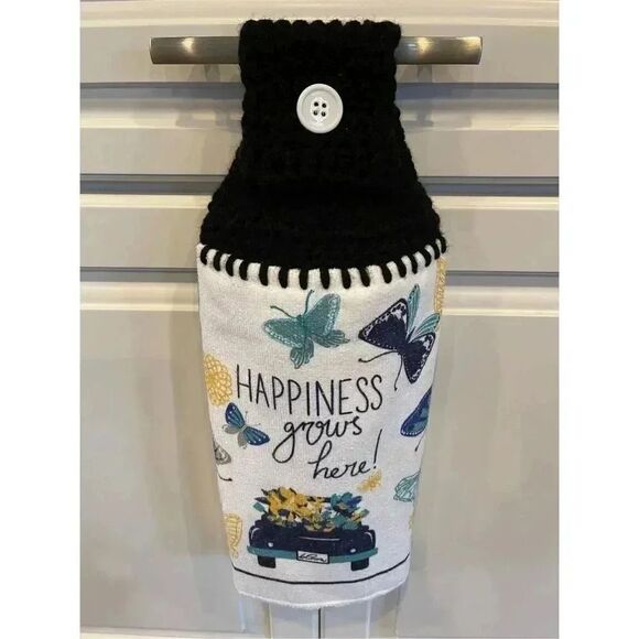 Crochet Top Kitchen Towel- Happiness Grows Here Butterflies Flowers Antique Car - Picture 3 of 3